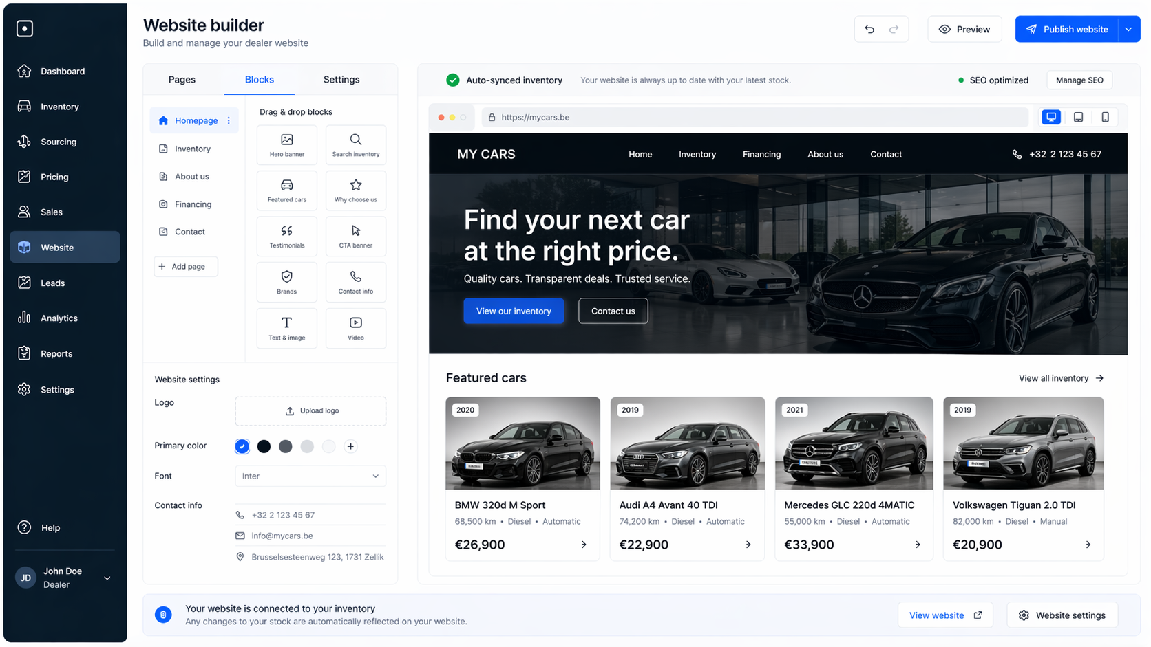 Dealer website dashboard connected to online stock